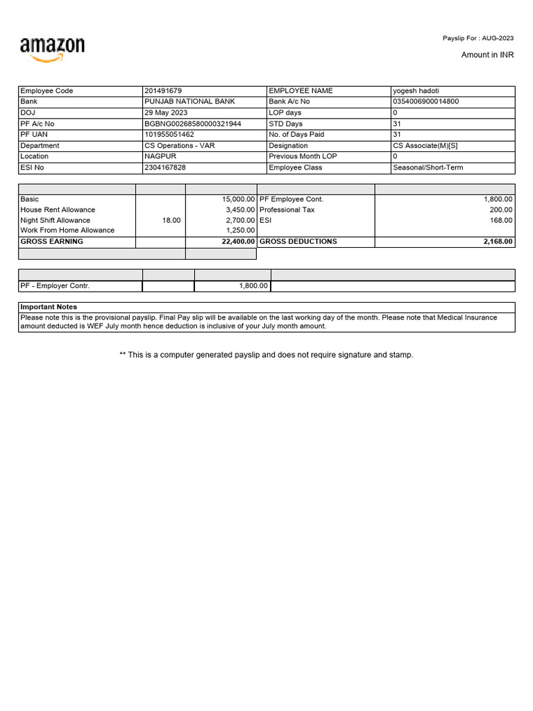 August 2023 Payslip for Yogesh Hadoti | PDF | Paycheck | Payments