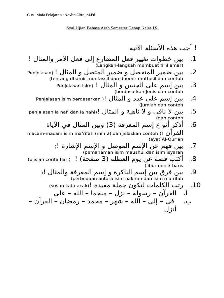 Soal Ujian Bahasa Arab Semester Genap Kelas IX | PDF
