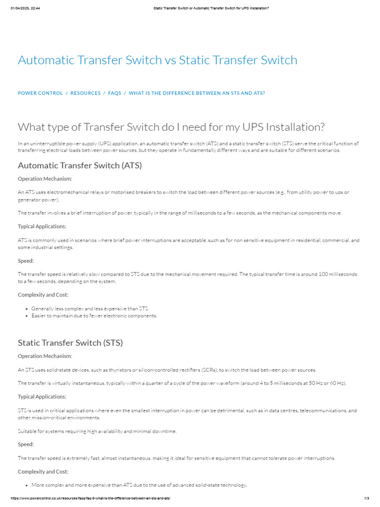 STS vs ATS for UPS Applications | PDF | Switch | Electrical Engineering