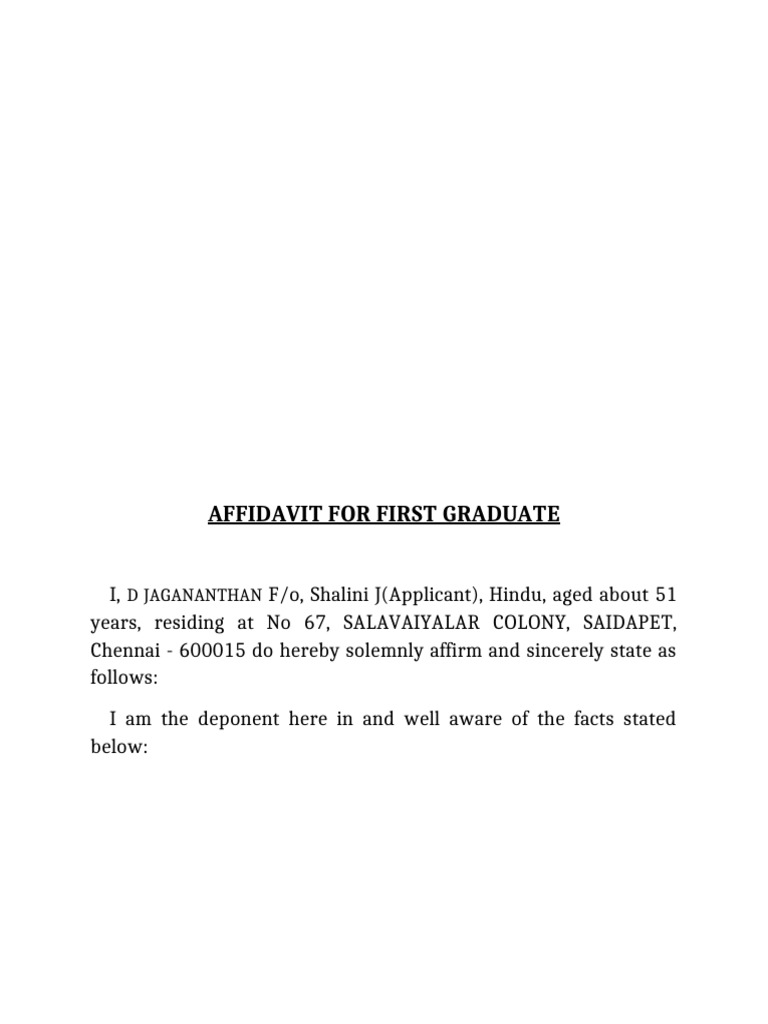 First Graduate Affidavit for Shalini J | PDF