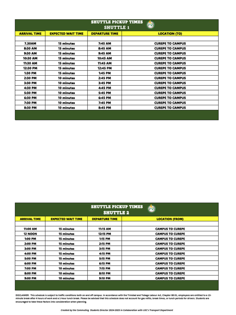 Curepe to Campus Shuttle Schedule | PDF