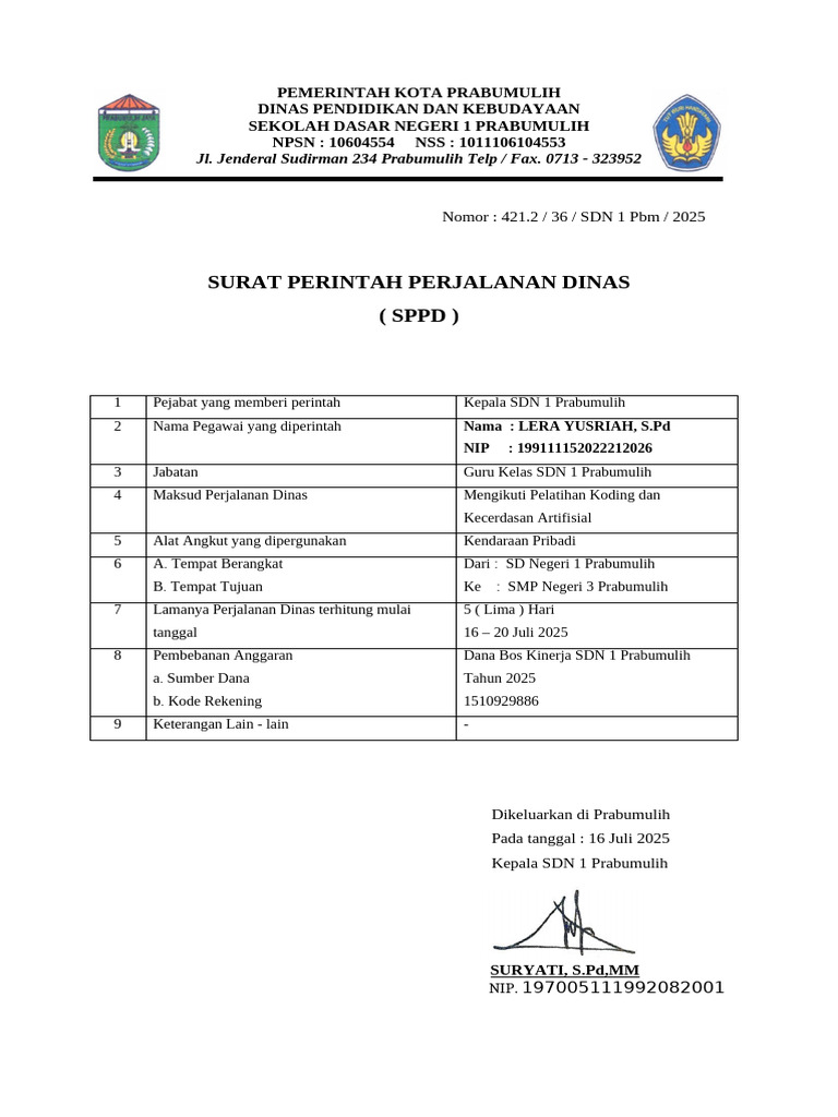 Contoh SPPD Perjalanan Dinas Sekolah | PDF