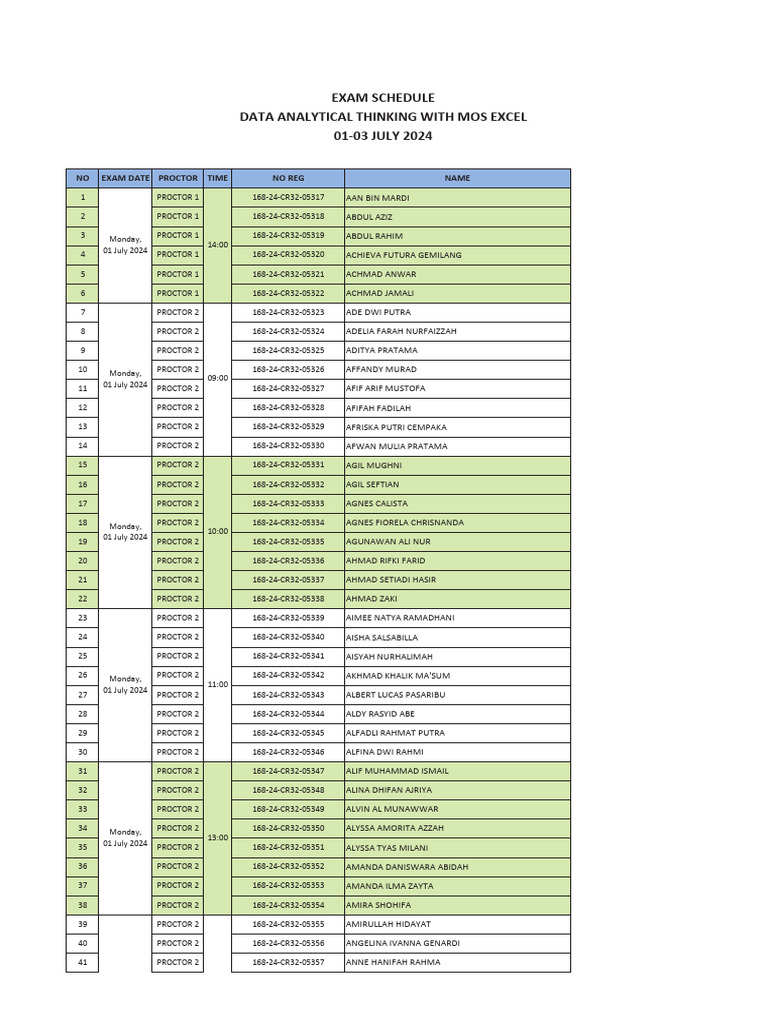 EXAM Schedule Data Analytical With MOS Excel | PDF