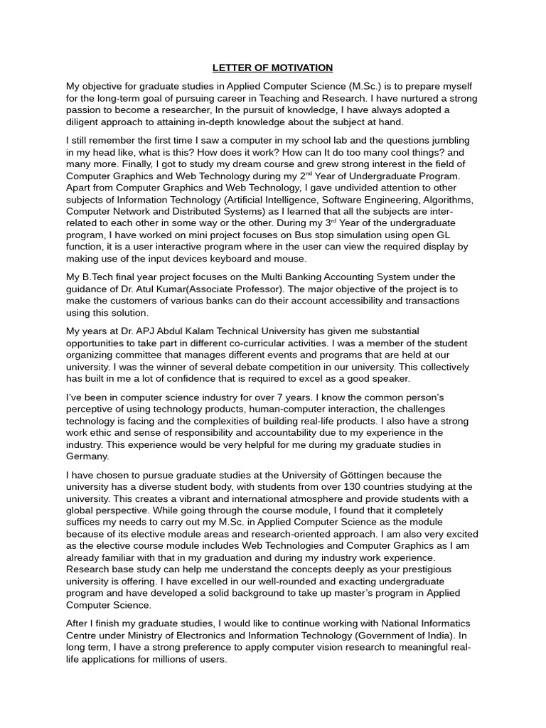 Letter of Motivation-For-Autonomous Systems | PDF | Experience | Computing