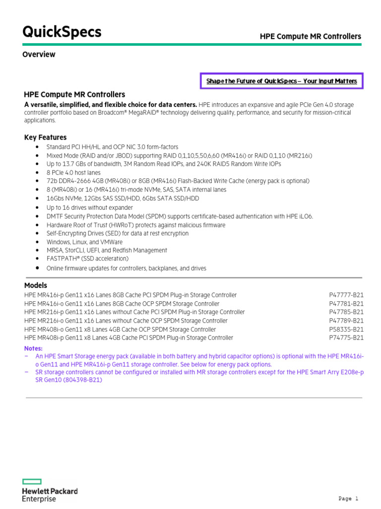 HPE MR408i-o Controller QuickSpecs | PDF | Solid State Drive | Cloud ...