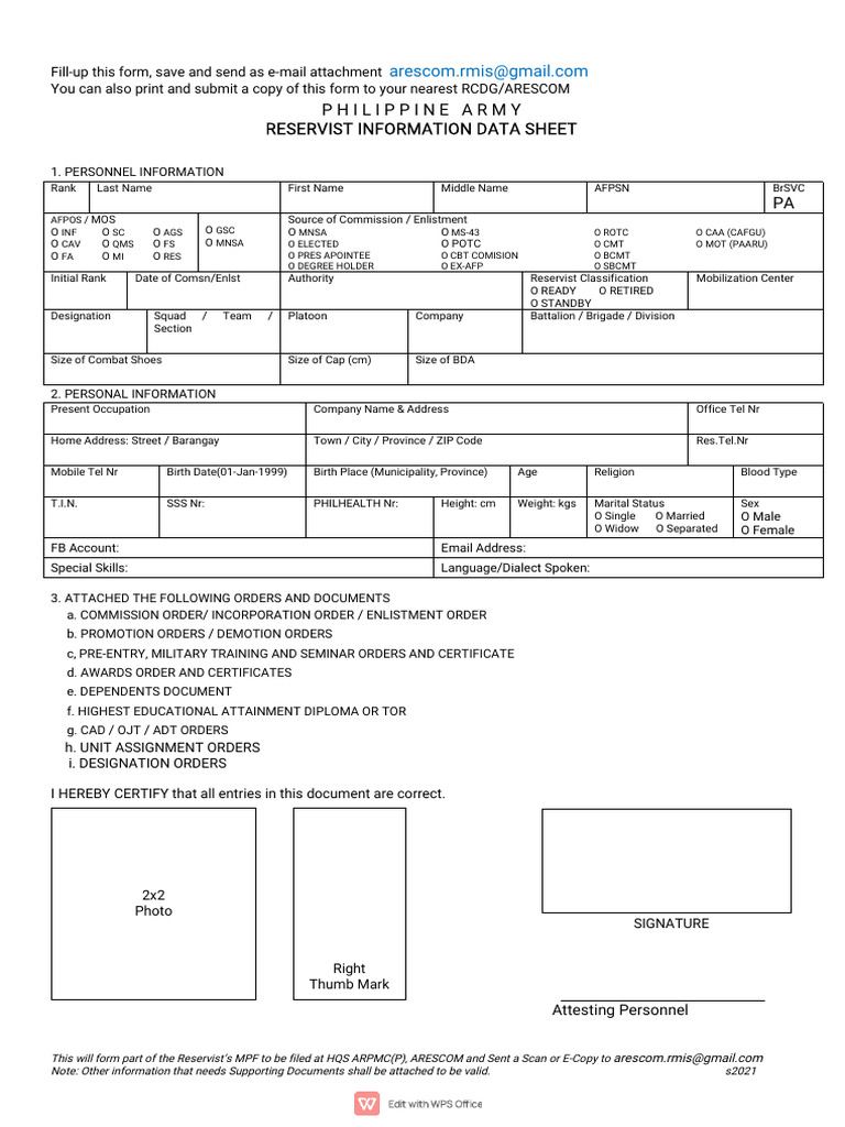 Reservist Information Data Sheet Form | PDF