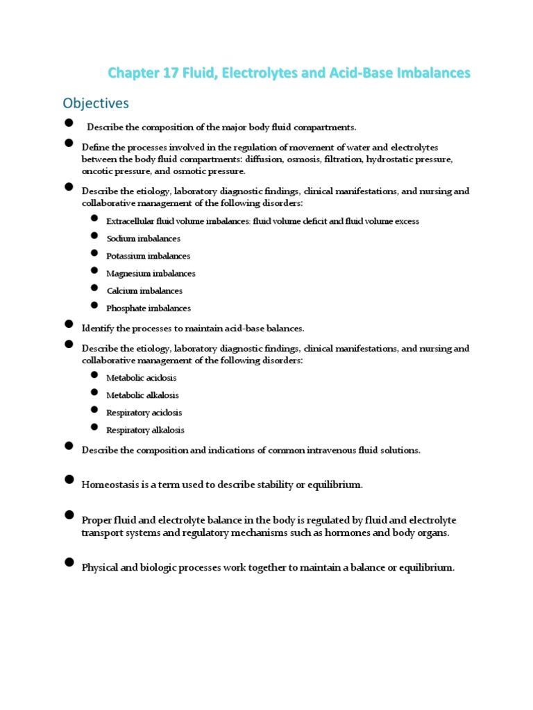 Fluid and Electrolyte Imbalances Overview | PDF | Electrolyte | Homeostasis
