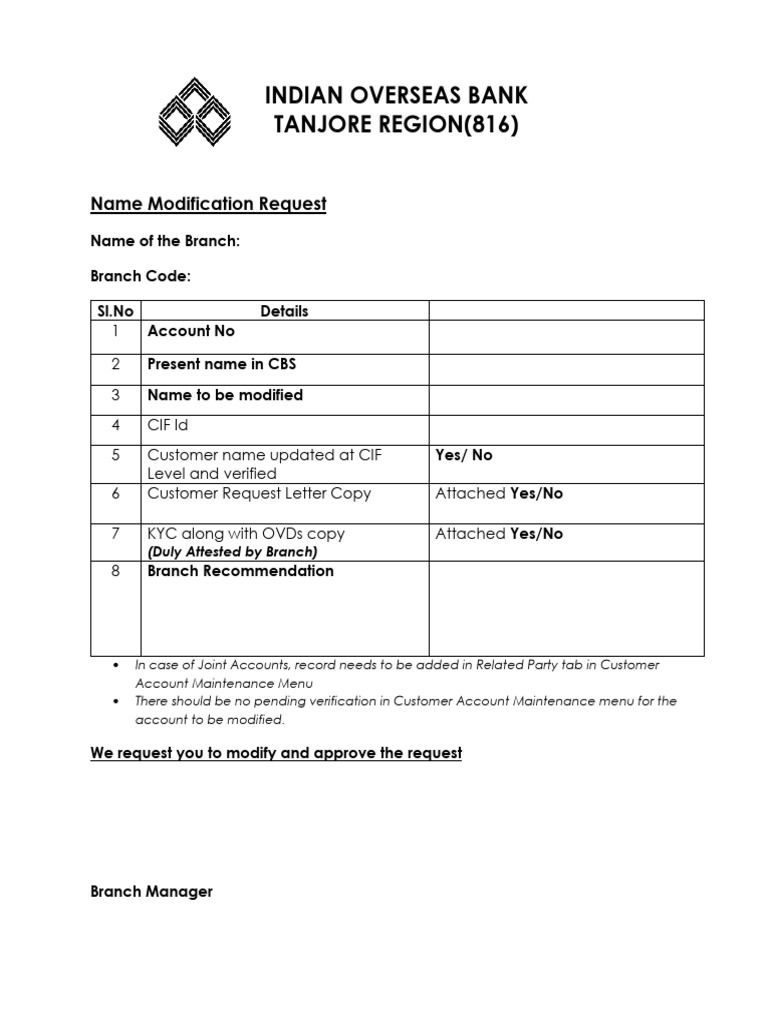IOB Name Modification Request Form | PDF