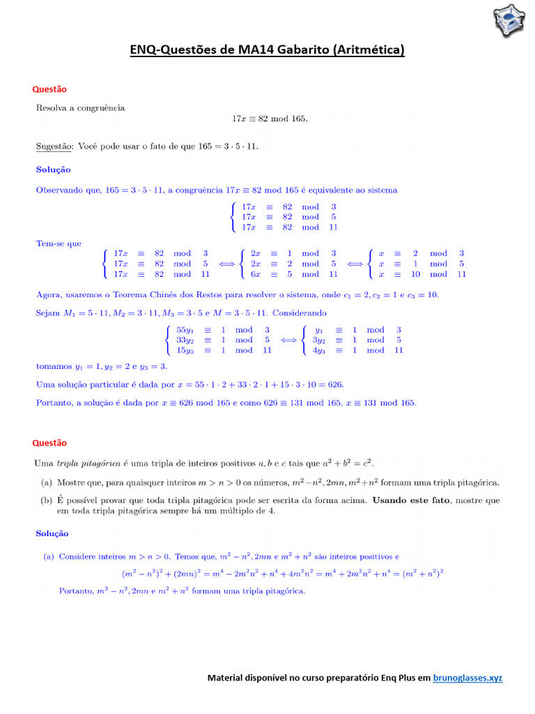 Gabarito ENQ-Questões de Aritmética | PDF