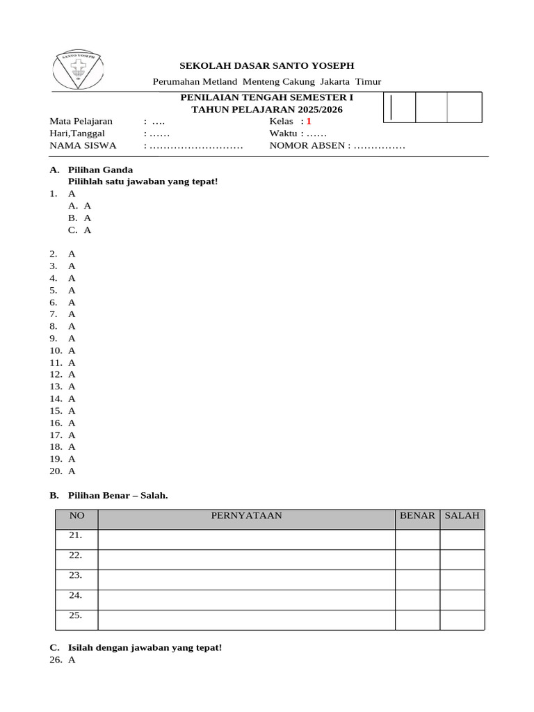 Penilaian Tengah Semester SD Santo Yoseph | PDF