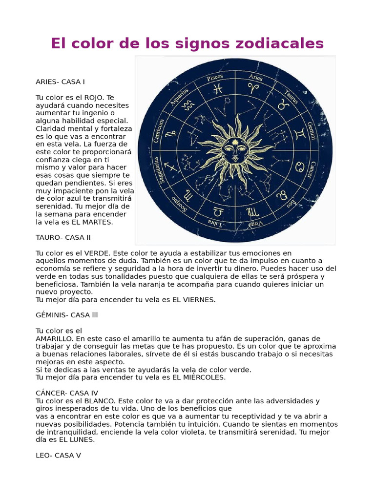 Colores de los Signos Zodiacales | PDF | Color | Vela