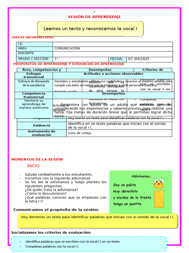 Aprendizaje de la Vocal I en 1° Grado | PDF | Aprendizaje | Cognición