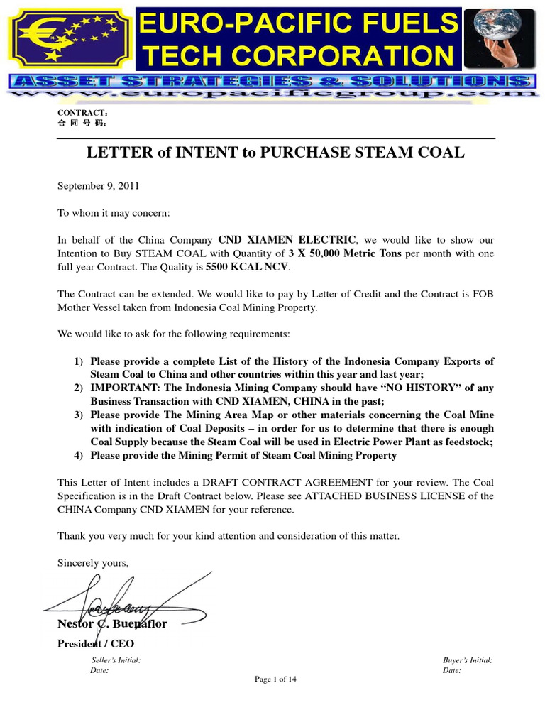 LETTER of INTENT With Draft Contract 100K MT COAL Per Month | PDF ...