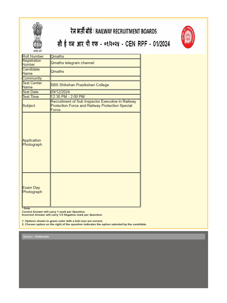 RRB SI 2024 Sample Key 9.12.2024 12.20 PM | PDF