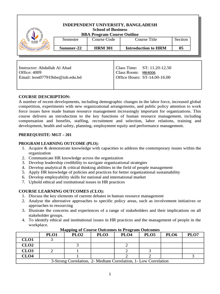 BBA HRM Course Outline - Summer 2022 | PDF | Performance Appraisal ...
