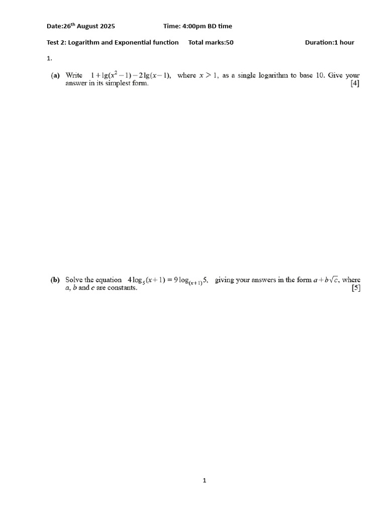 Logarithm & Exponential Test Details | PDF