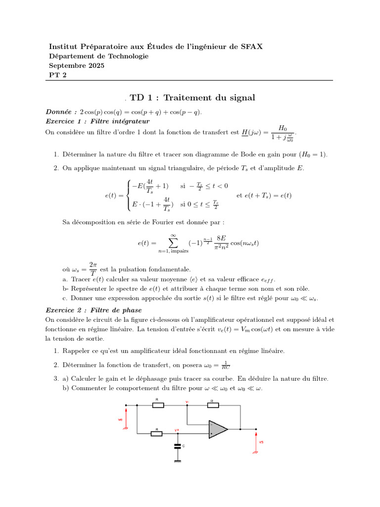 Exercices sur le traitement du signal et filtres | PDF | Théorie du ...