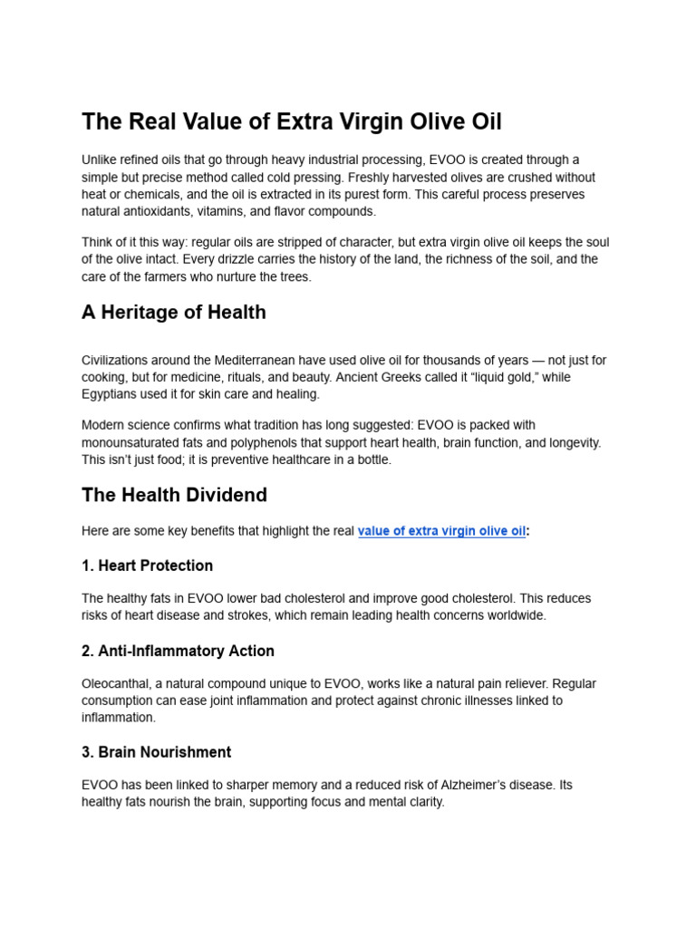 The Real Value of Extra Virgin Olive Oil | PDF | Olive Oil | Olive