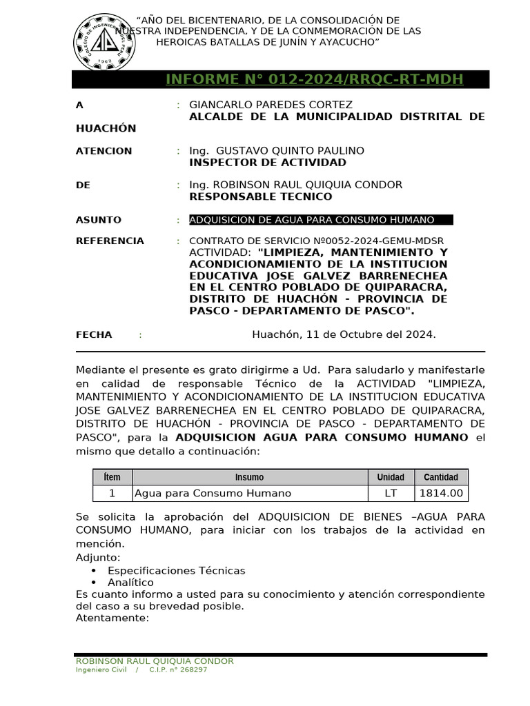 Informe 013 - Adquisicion de Agua para Consumo Humano | PDF | Agua