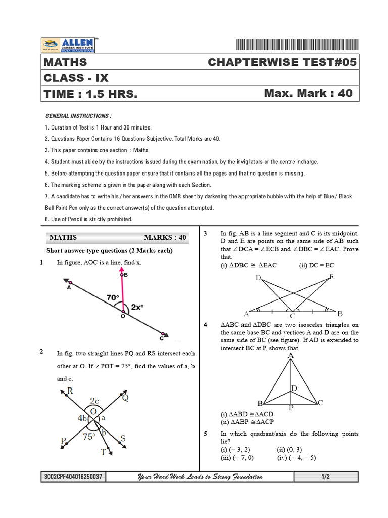 9th (Cbse) Cts-05 Maths | PDF | Classical Geometry | Geometry