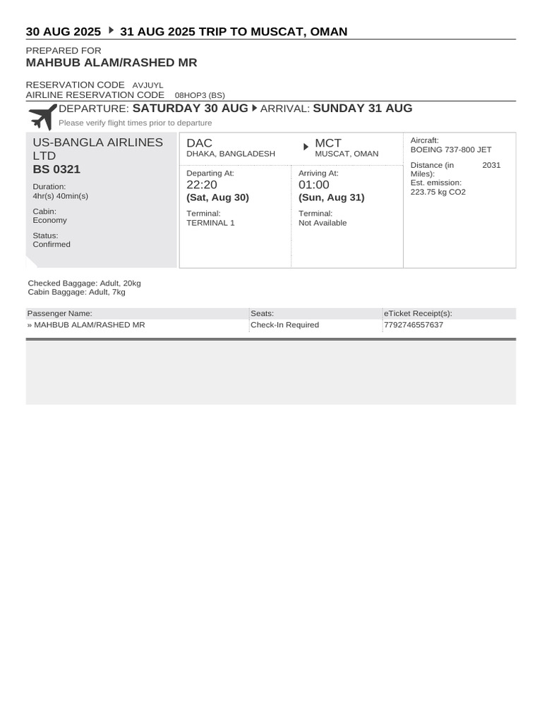 Travel Reservation August 30 For MR RASHED MAHBUB ALAM | PDF