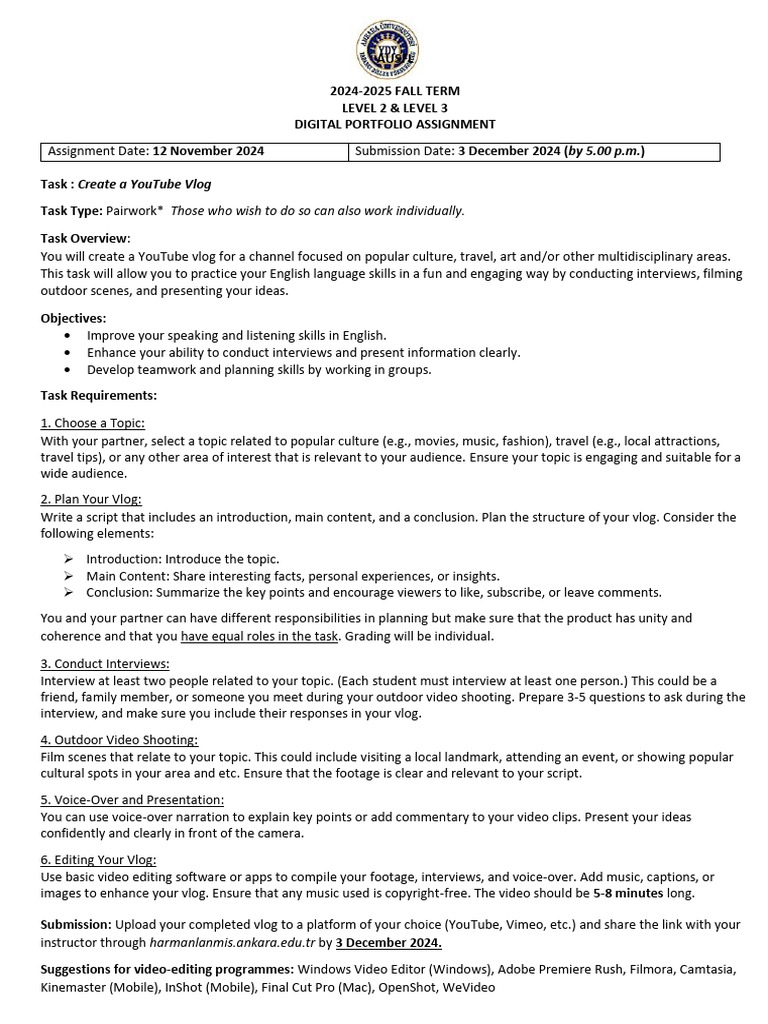 YouTube Vlog Assignment Guide 2024-2025 | PDF | Human Communication