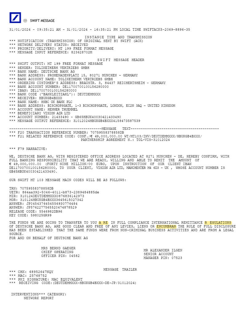 MT199 SWIFT Message Confirmation | PDF | Financial Services | Banking ...
