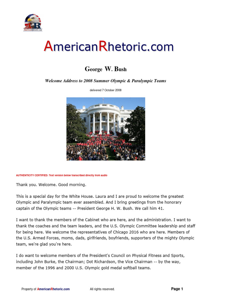 Bush's 2008 Olympic Welcome Speech | PDF | Olympic Games | Sports