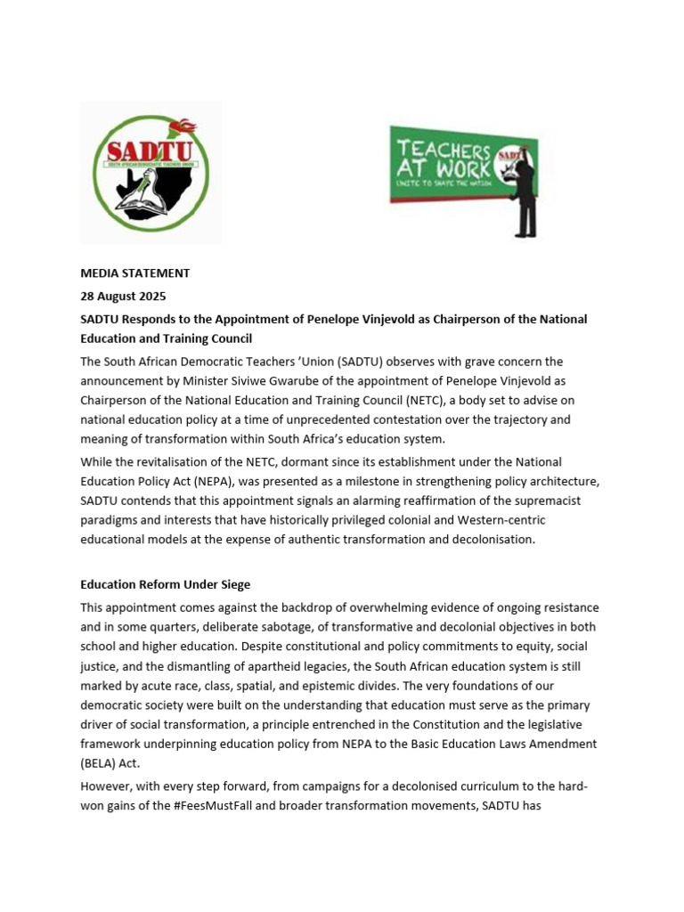 SADTU Critiques NETC Chair Appointment | PDF | Apartheid | Curriculum