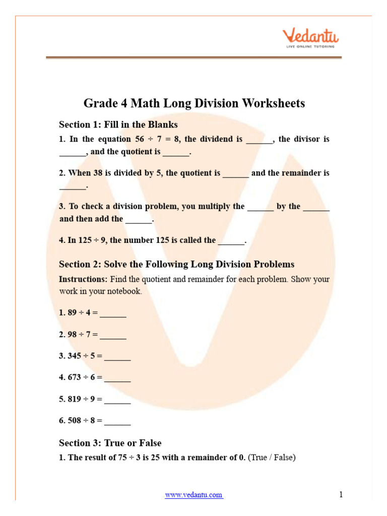Class 4 Maths Long Division Worksheets PDF - Practice & Answers | PDF ...