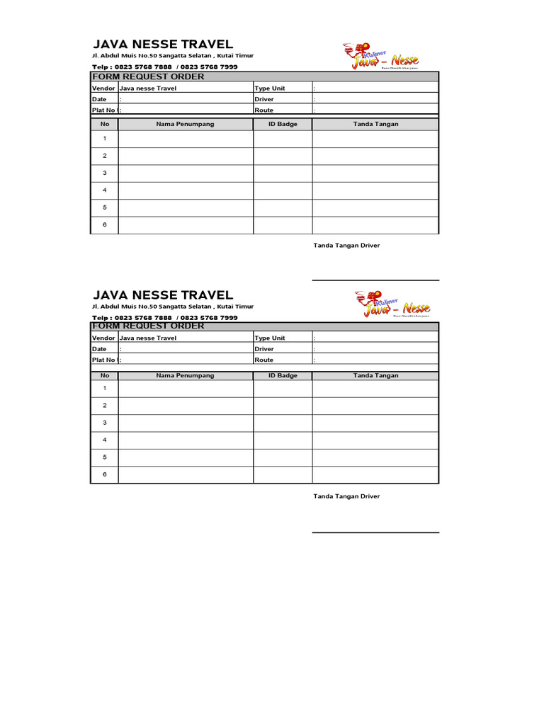 Java Nesse Travel: Form Request Order | PDF