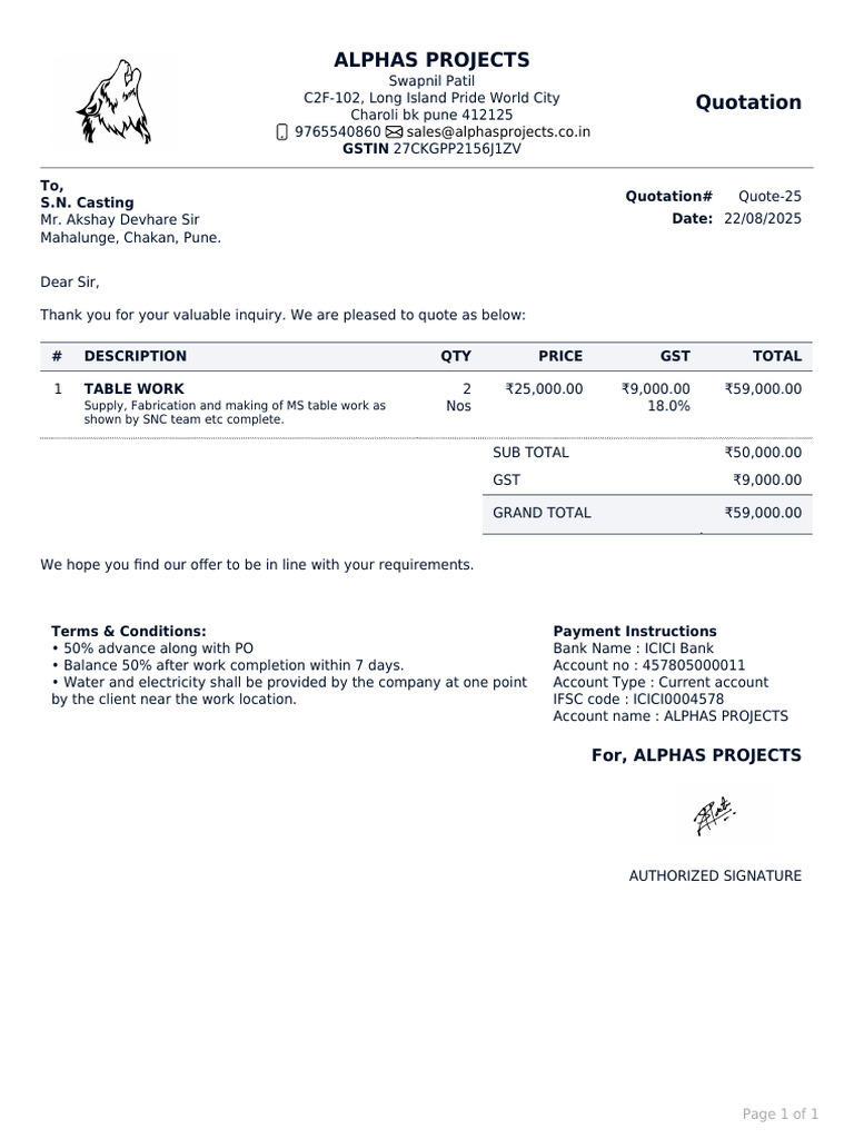 Quotation for MS Table Work by Alphas Projects | PDF