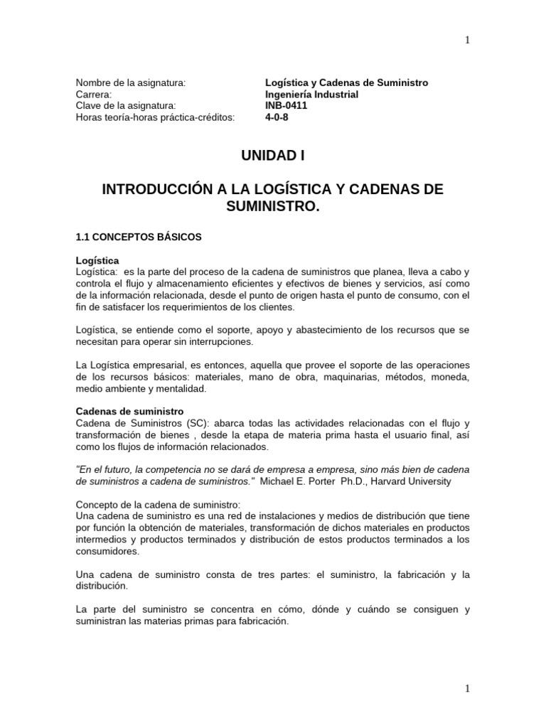 Unidad I | PDF | Logística | Gestión de la cadena de suministro