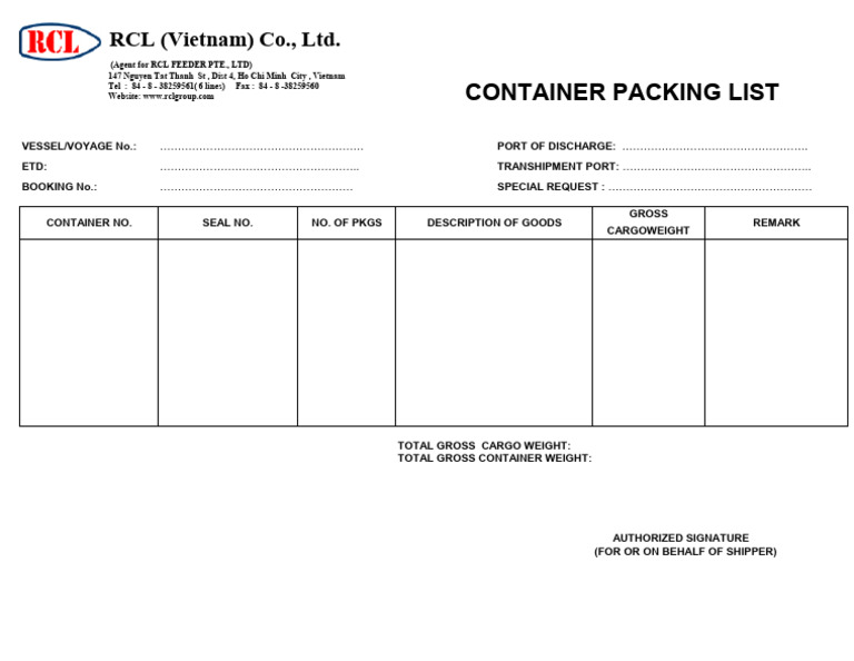 RCL (Vietnam) Co., LTD.: Container Packing List | PDF