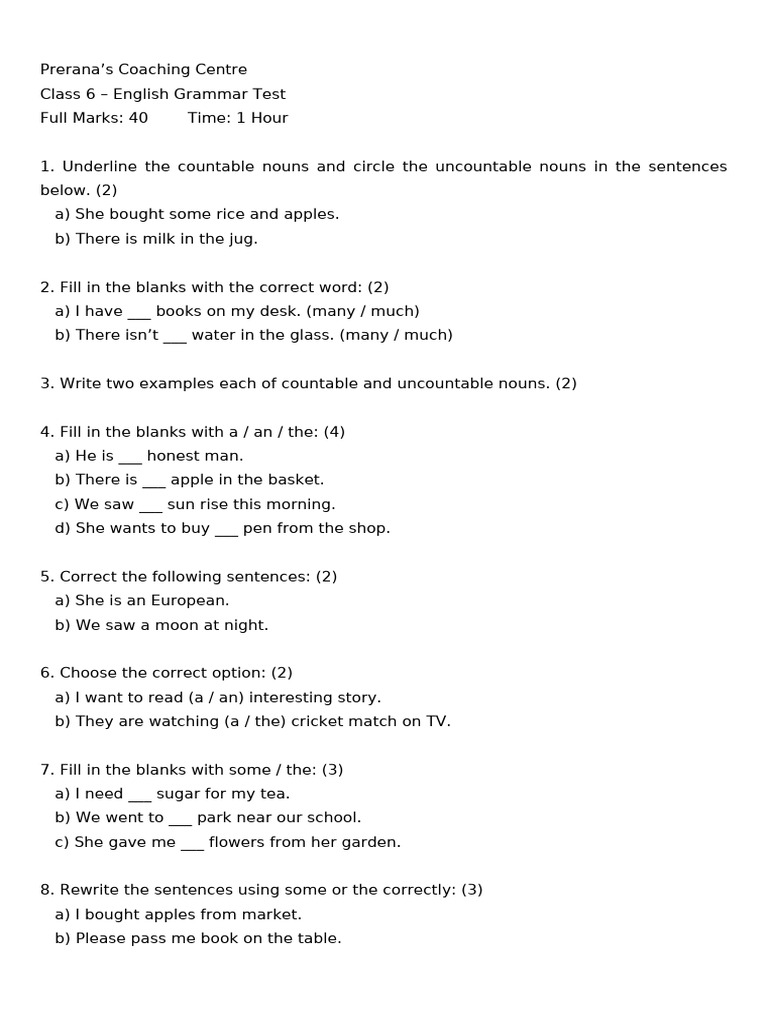 Class 6 English Grammar Test | PDF