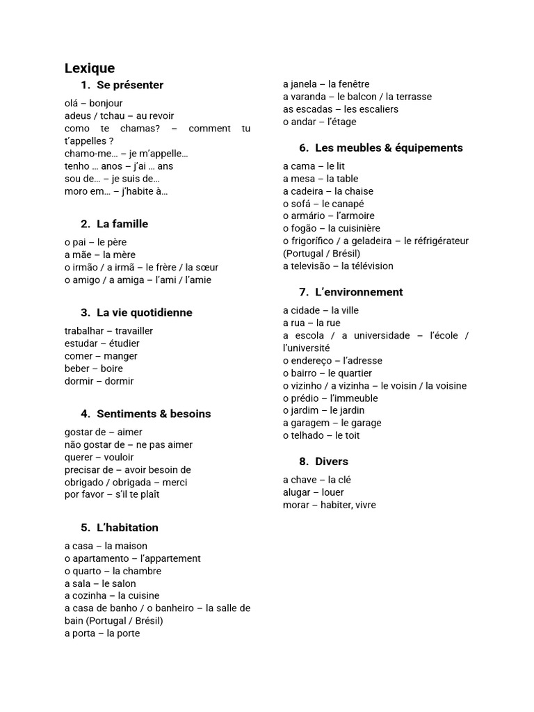 Lexique de base en portugais | PDF