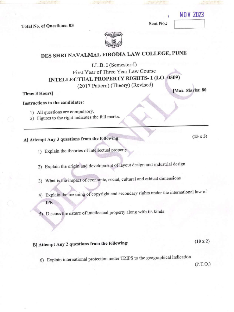 Intellectual Property Rights Exam Paper | PDF