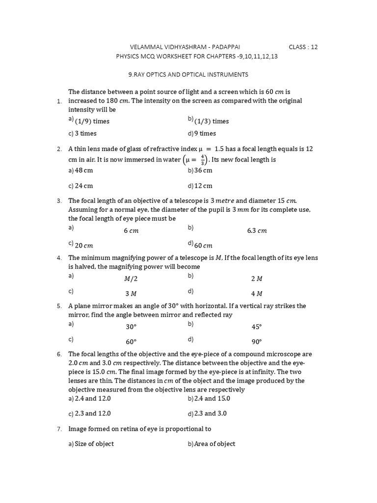 Class 12 Physics MCQ Worksheet on Optics | PDF | Optics | Applied And ...