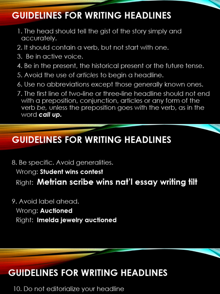 Headline Writing Guidelines | PDF | Grammar | Linguistics