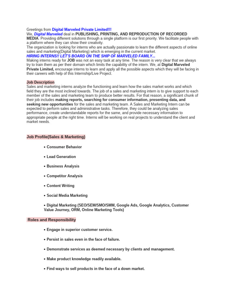 Internship Opportunity at Digital Marveled | PDF | Marketing | Internship