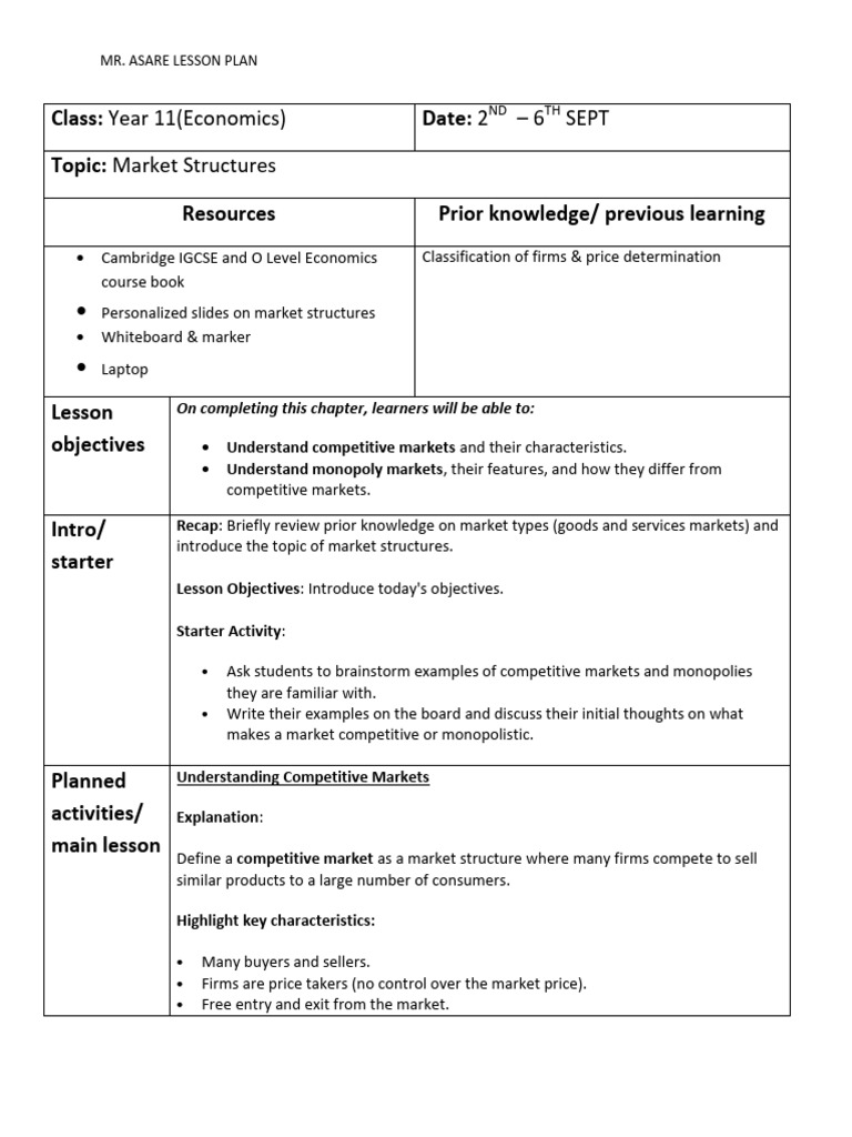 Year 11 Economics: Market Structures Lesson | PDF | Monopoly | Market ...