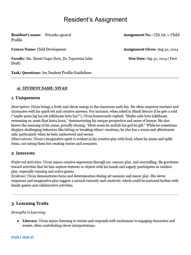 Nivan's Student Profile Assignment | PDF | Storytelling | Cognition