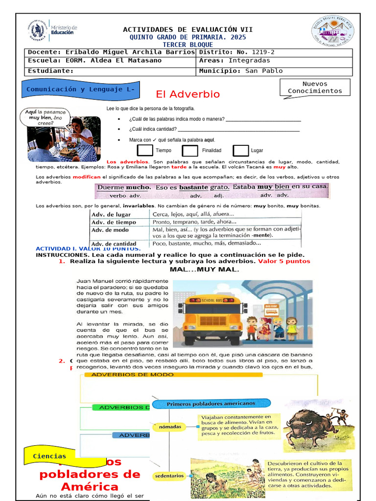 Evaluación Adverbios Quinto Grado 2025 | PDF | Adverbio | Nómada