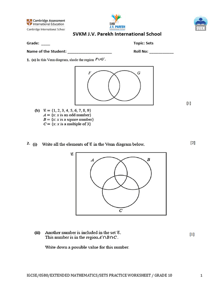 Grade 10 Sets Practice Worksheet | PDF