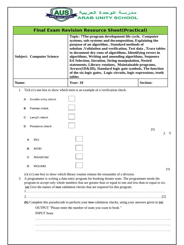 Final Exam - Revision CS Practical Worksheet - Year 10 | PDF ...