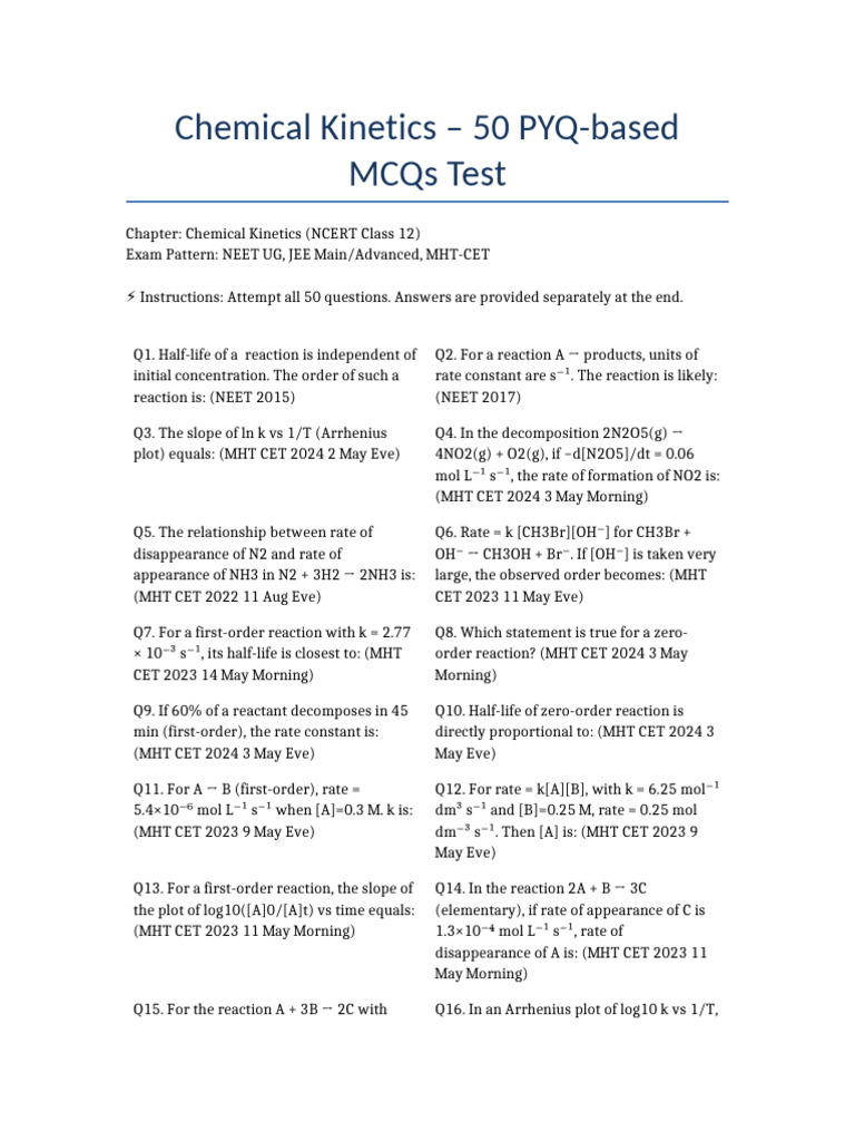 Chemical Kinetics MCQs with Answers | PDF | Activation Energy ...