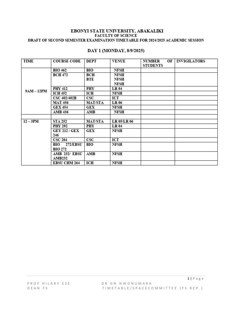 2024/2025 Second Semester Exam Timetable | PDF | Physical Sciences ...