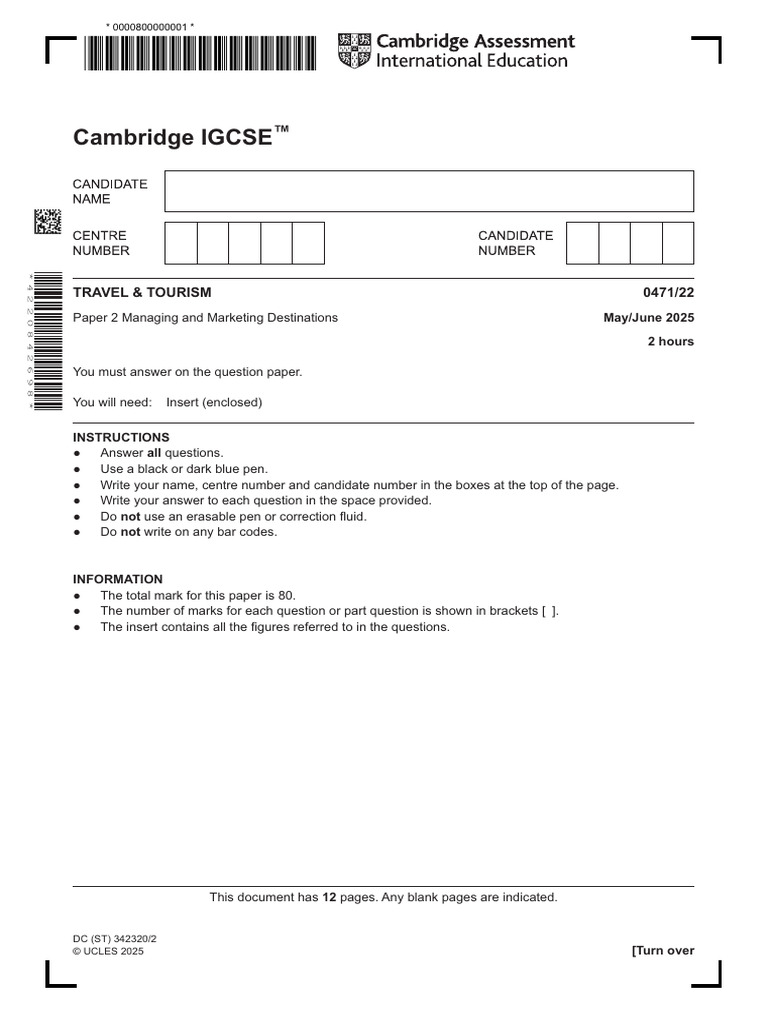 Cambridge IGCSE: Travel & Tourism 0471/22 | PDF