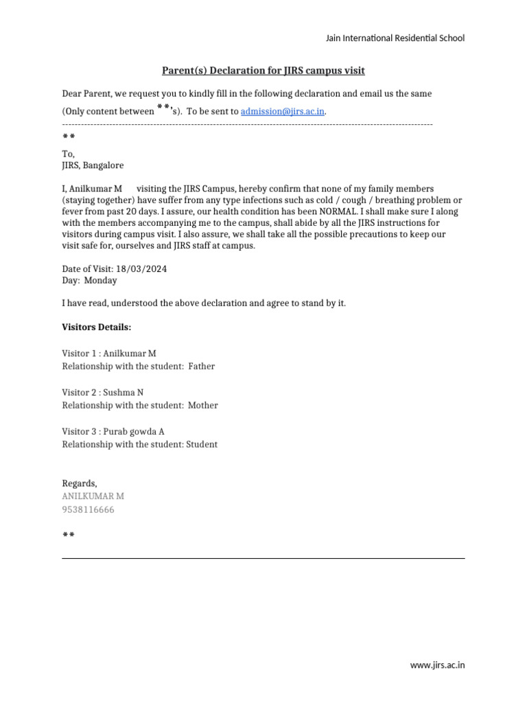 Parent(s) Declaration For JIRS Campus Visit | PDF