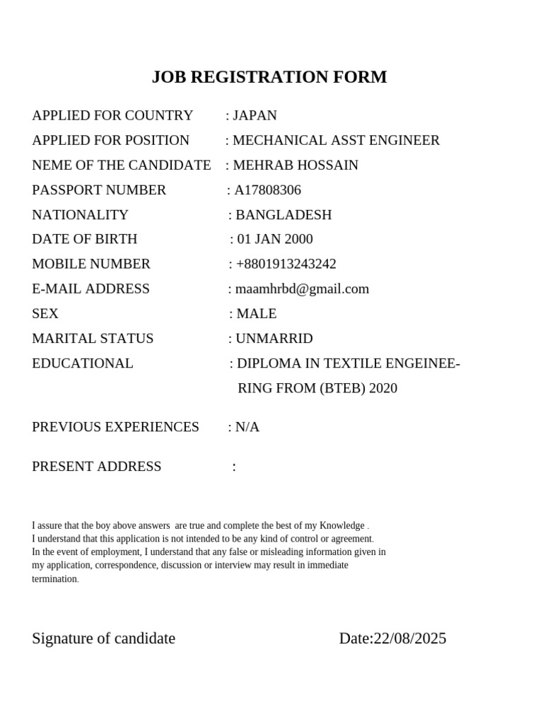 Job Registration for Mechanical Engineer | PDF